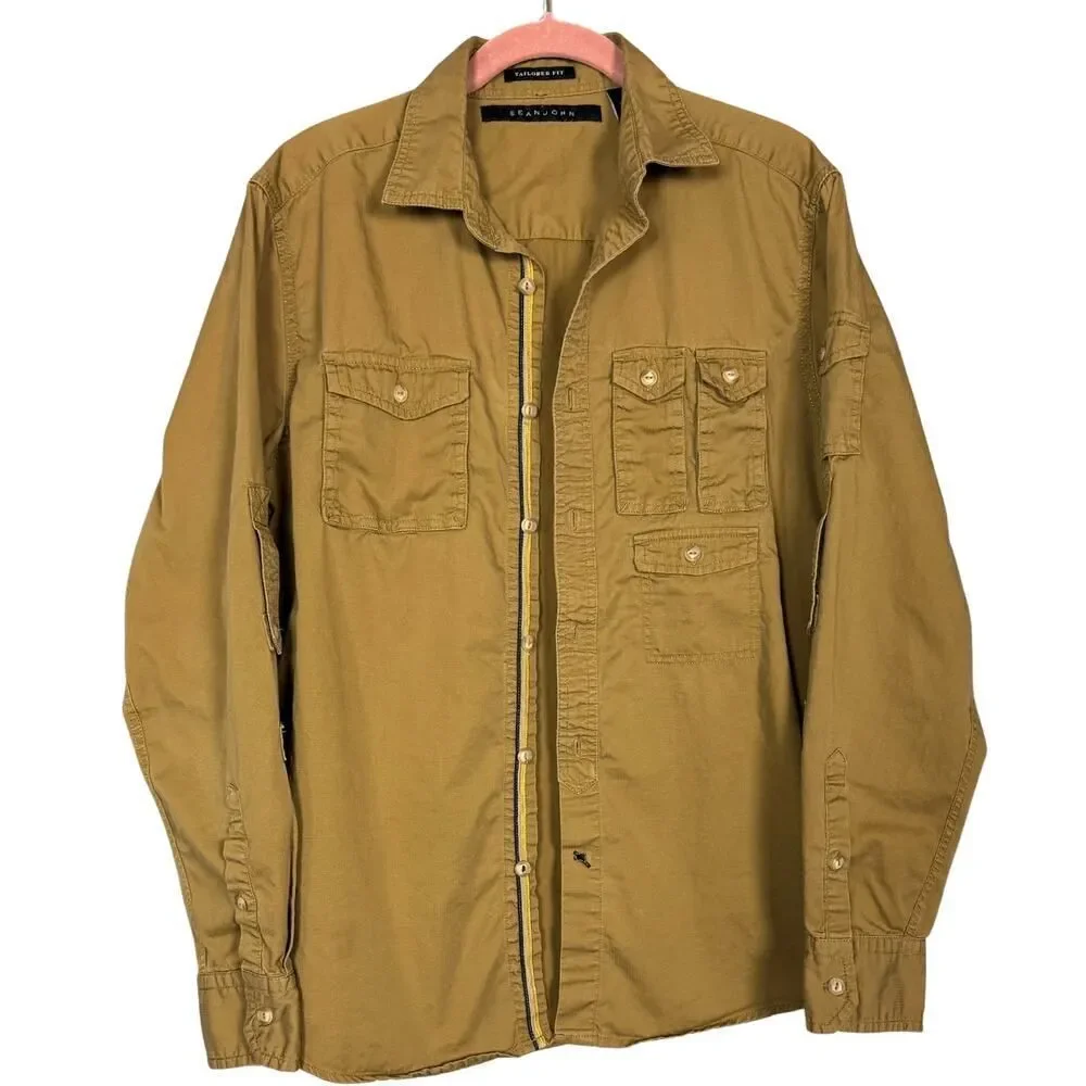 Sean John Mens Shirt Tailored Fit‎ Button Up Long Sleeve Sz Medium Golden Brown